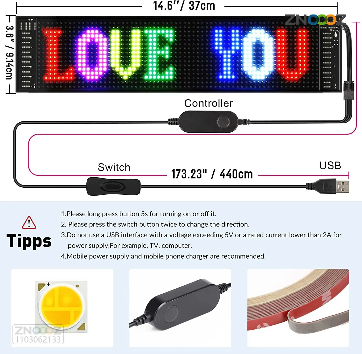 Scrolling Bright Advertising LED Signs, Flexible USB 5V Led module Sign Bluetooth App Control Custom Text Pattern Animation