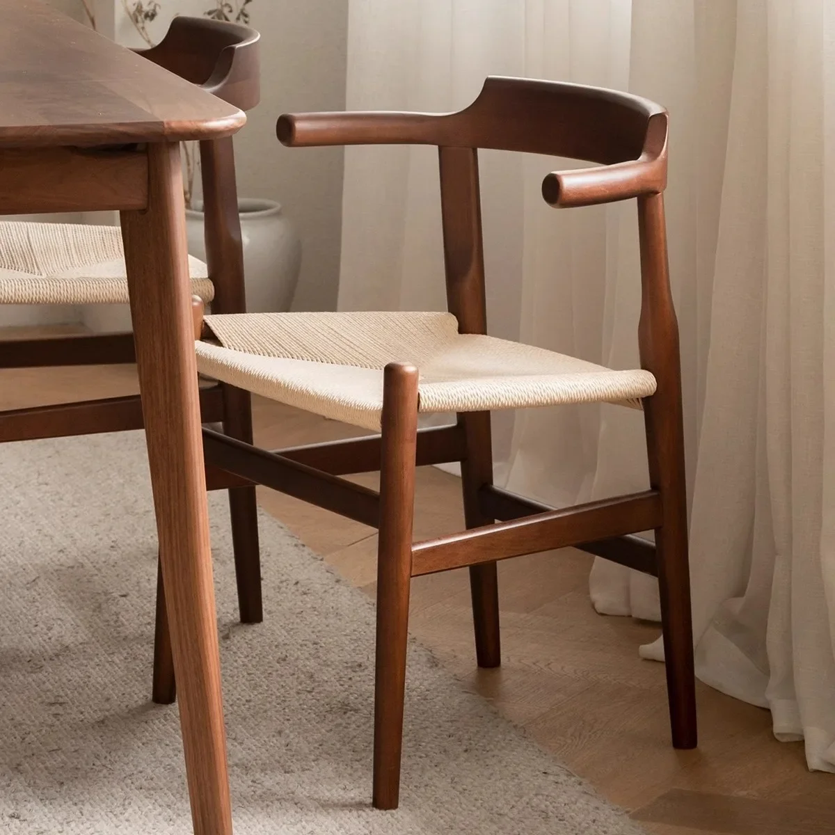 Nordic solid wood dining table and chairs, simple Japanese rattan for home use, cushions, books, tables and chairs, black walnut