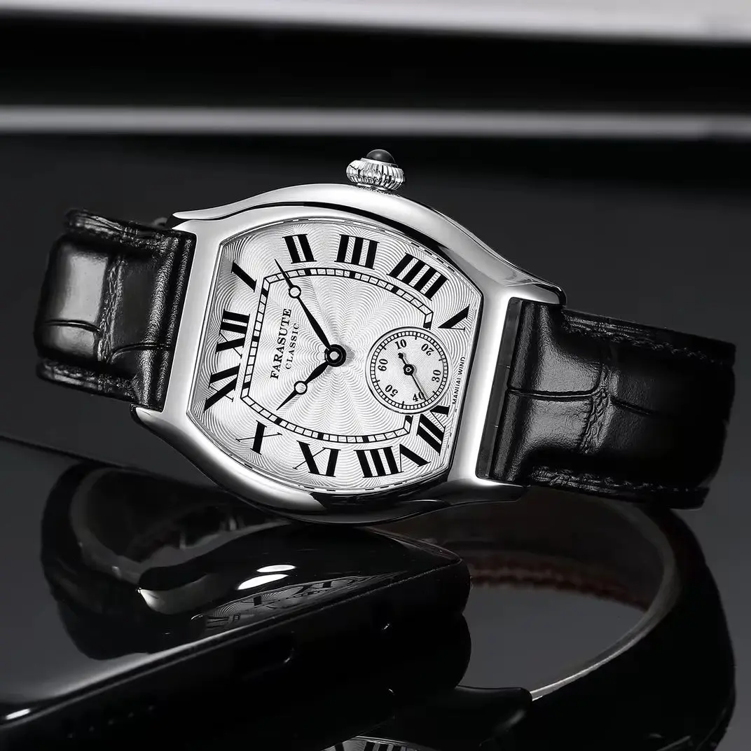 FARASUTE Men Mechanical Watch 36mm Tonneau Manual Winding Wristwatch Waterproof Sapphire Mirror Roman Scales Hangzhou 2331