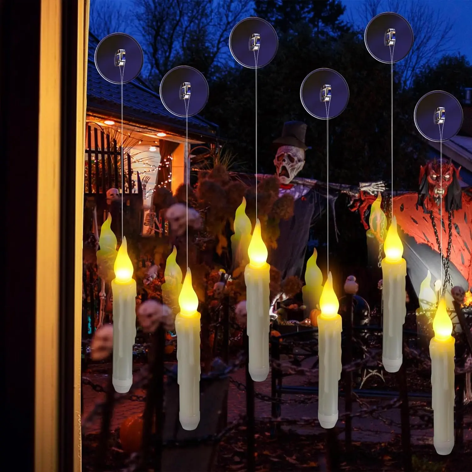 12Pcs Hanging Floating Candles with Magic Wand Remote Flameless Battery Operated Warm Light Halloween Christmas Birthday Decor