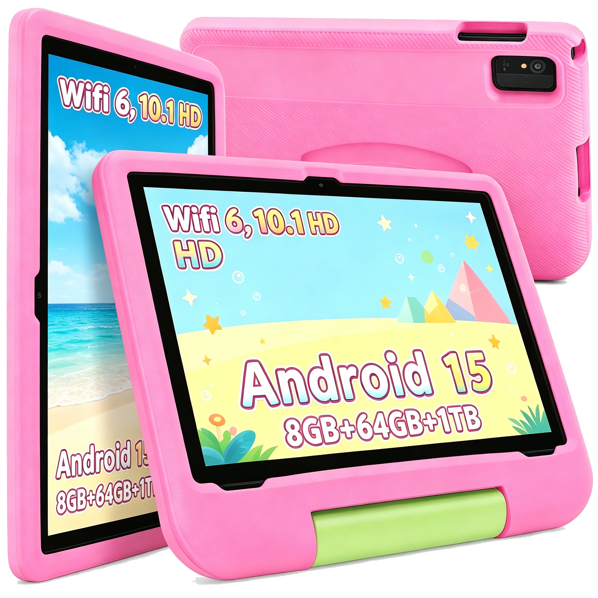Kids Tablet 10.1 Inch HD Display Android 15 8GB RAM 64GB ROM WiFi6 5000mAh Drop-resistant Protective Cover for Children Learning
