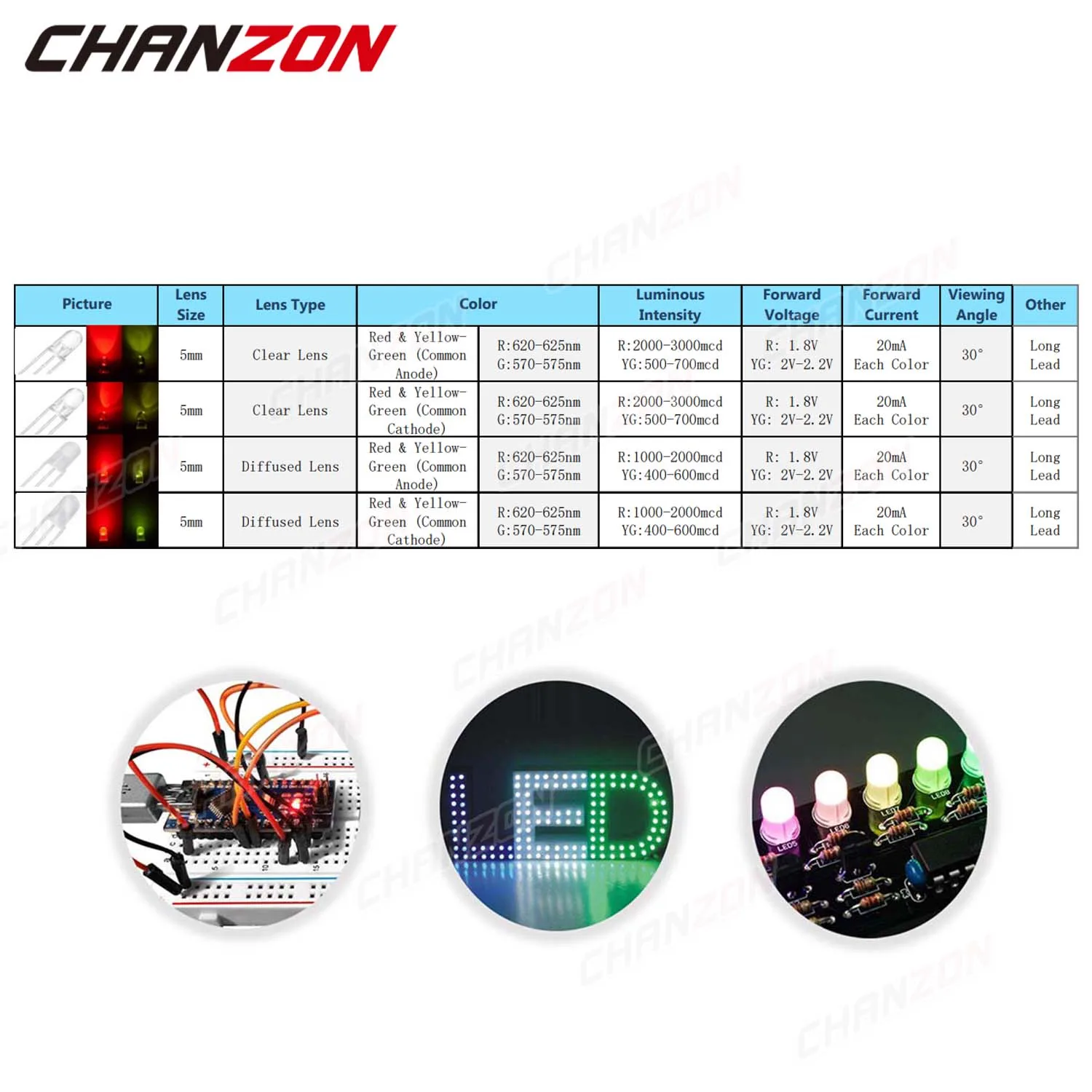 100 Viên 5 Mm LED Đèn LED Phát Sáng Bóng Đèn Bi Màu Vàng Đỏ Xanh Anode Chung Cực Âm Rõ Ràng Khuếch Tán độ Sáng Cao