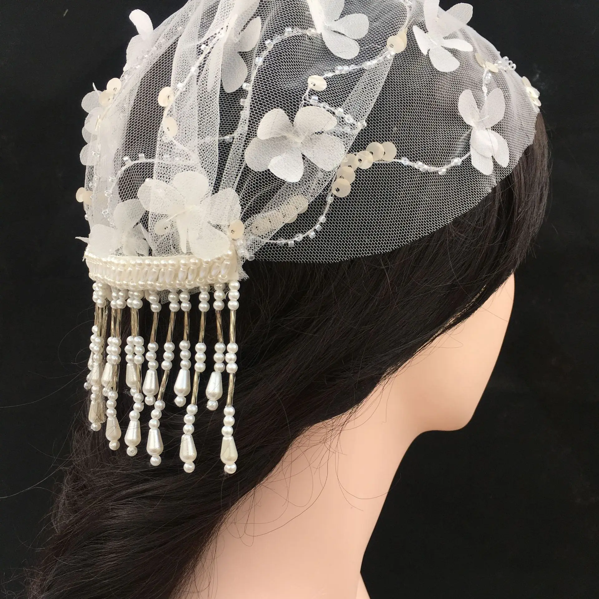 

Vintage Hat Style Lace and Pearls Tassel Headwear Hair Scarf Mesh Hair Accessories