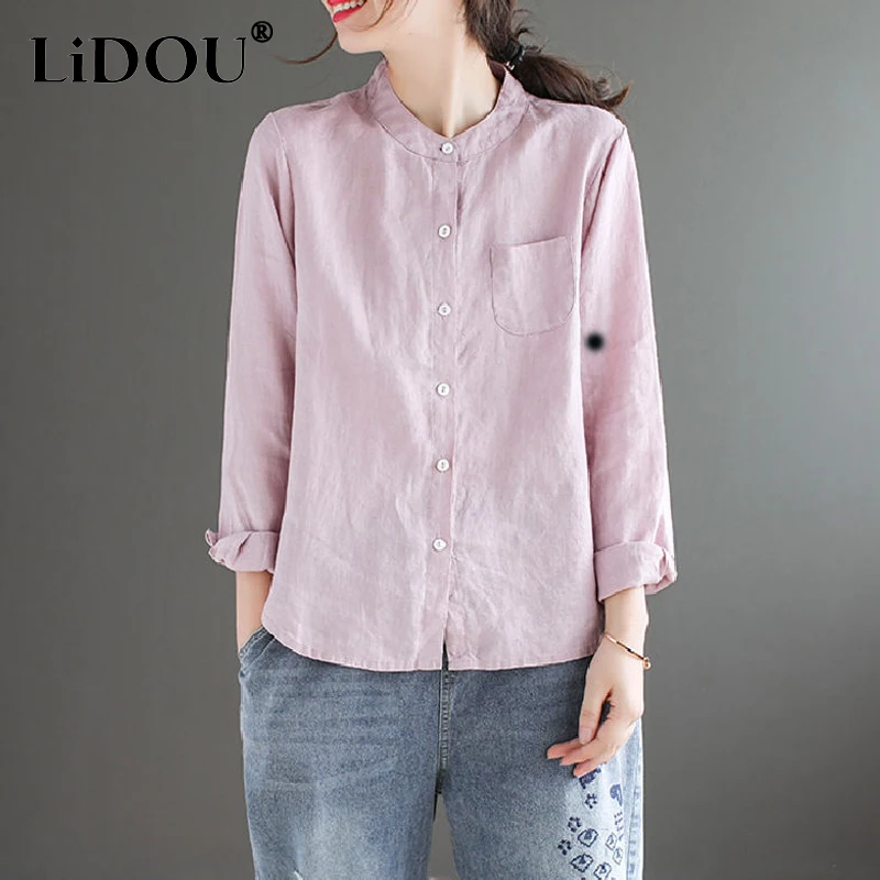 2023 Spring Autumn New Solid Color Stand Collar Long Sleeve Shirt Women Fashion Casual Comfortable Cotton Hemp All-match Tops