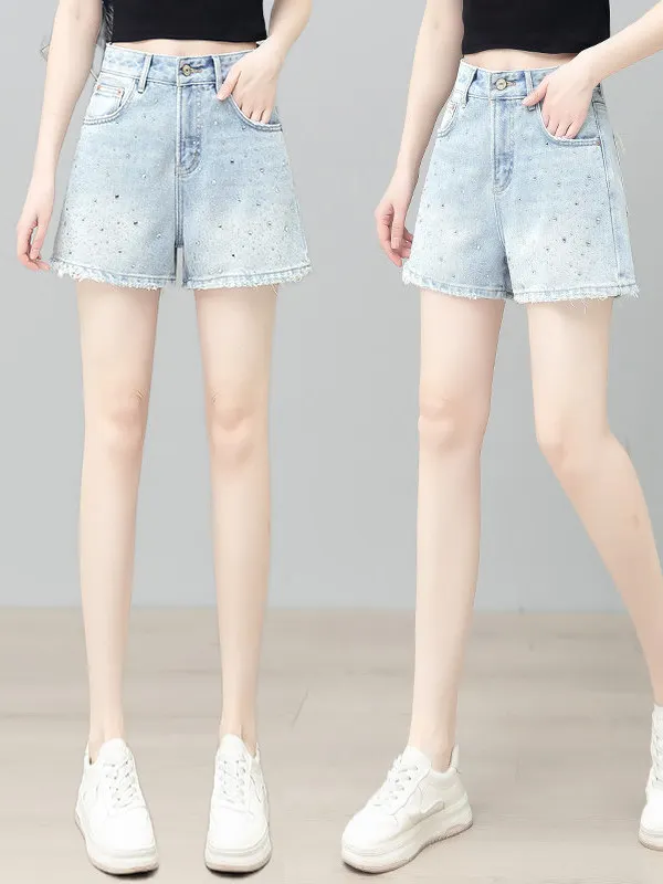 Heavy Duty Rhinestone Denim Shorts Women's Summer Thin High Waist A-Line Outerwear Frayed Wide Leg Hot Pants Casual Series