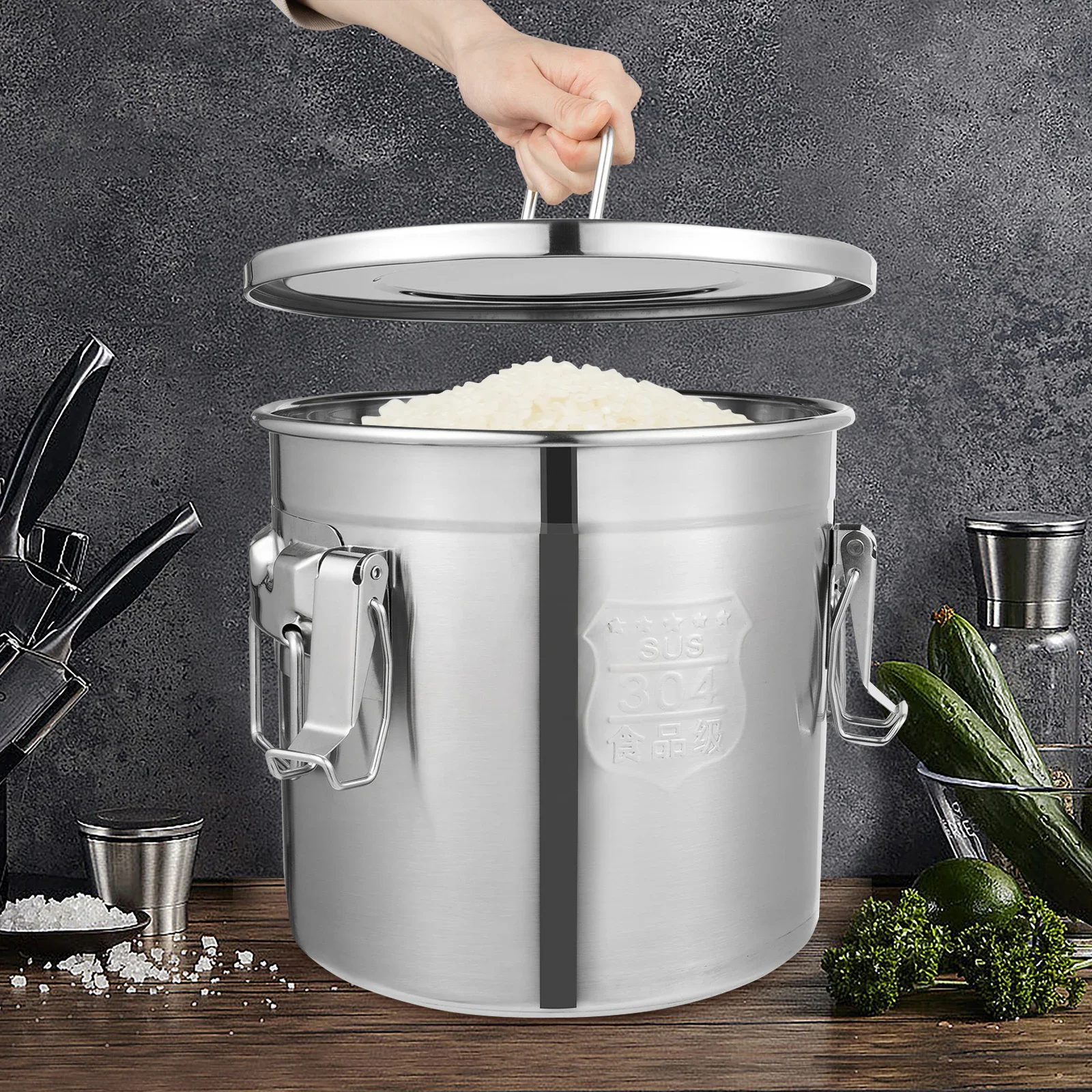 

Stainless Steel Bucket Airtight Canister w/Airtight Lid Sturdy Locking Clamp Stainless Bucket for Grain, Rice, Flour, Milk 12L