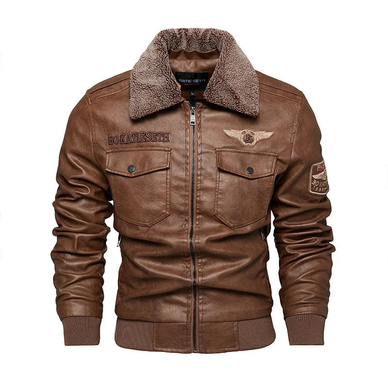 

Men's Leather Jacket Autumn and Winter Lapel Fleece Trend Large Size Locomotive PU Leather Jacket