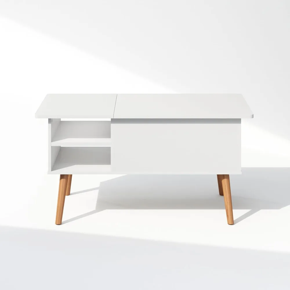 Jensen salontafel met houten poten en hefblad met verborgen compartiment en zijopen opbergplank voor woonkamer, effen wit
