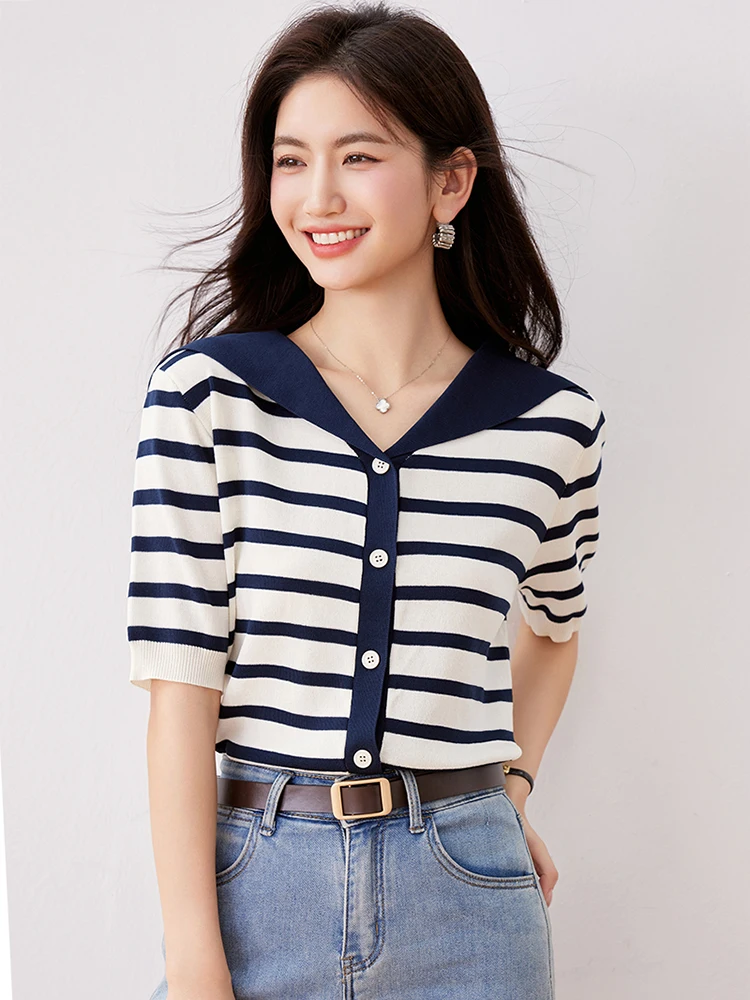 Korean V-neck Striped Knitted Cardigan For Women 2024 New Summer French Simple Single Breasted Short Sleeve Chic Top