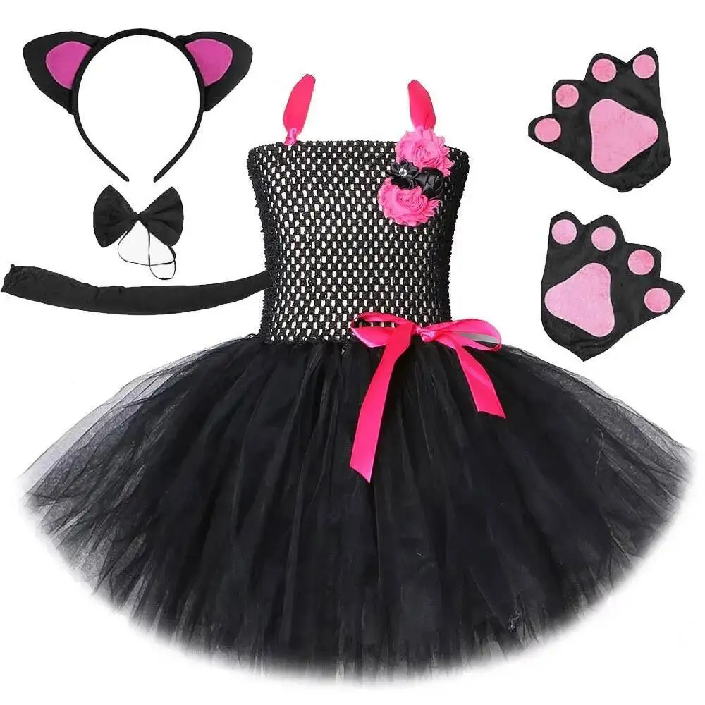 Baby Girls Hot Pink Black Cat Costumes for Kids Animal Halloween Outfit Little Kitty Ballet Tutu Dress with Ears Bowtie Tail Set