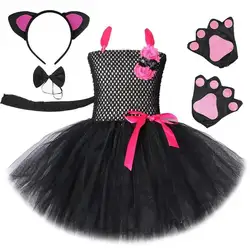 Baby Girls Hot Pink Black Cat Costumes for Kids Animal Halloween Outfit Little Kitty Ballet Tutu Dress with Ears Bowtie Tail Set