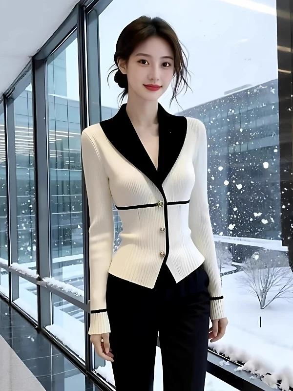 

Женский вязаный кардиган Ele V-Ne с V-образным вырезом, осенне-зимний, модный, уникальный, с высокой талией, в французском стиле, с длинными рукавами