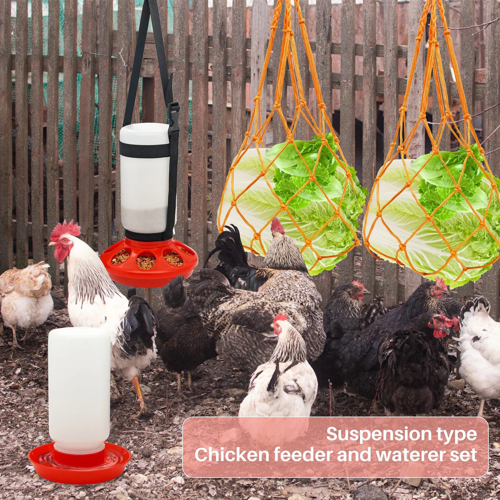 Coofull Portable Chicken Vegetable Fruit String Bag Poultry Farm Equipment Hanging Chicken Feeders and Drinkers Kit