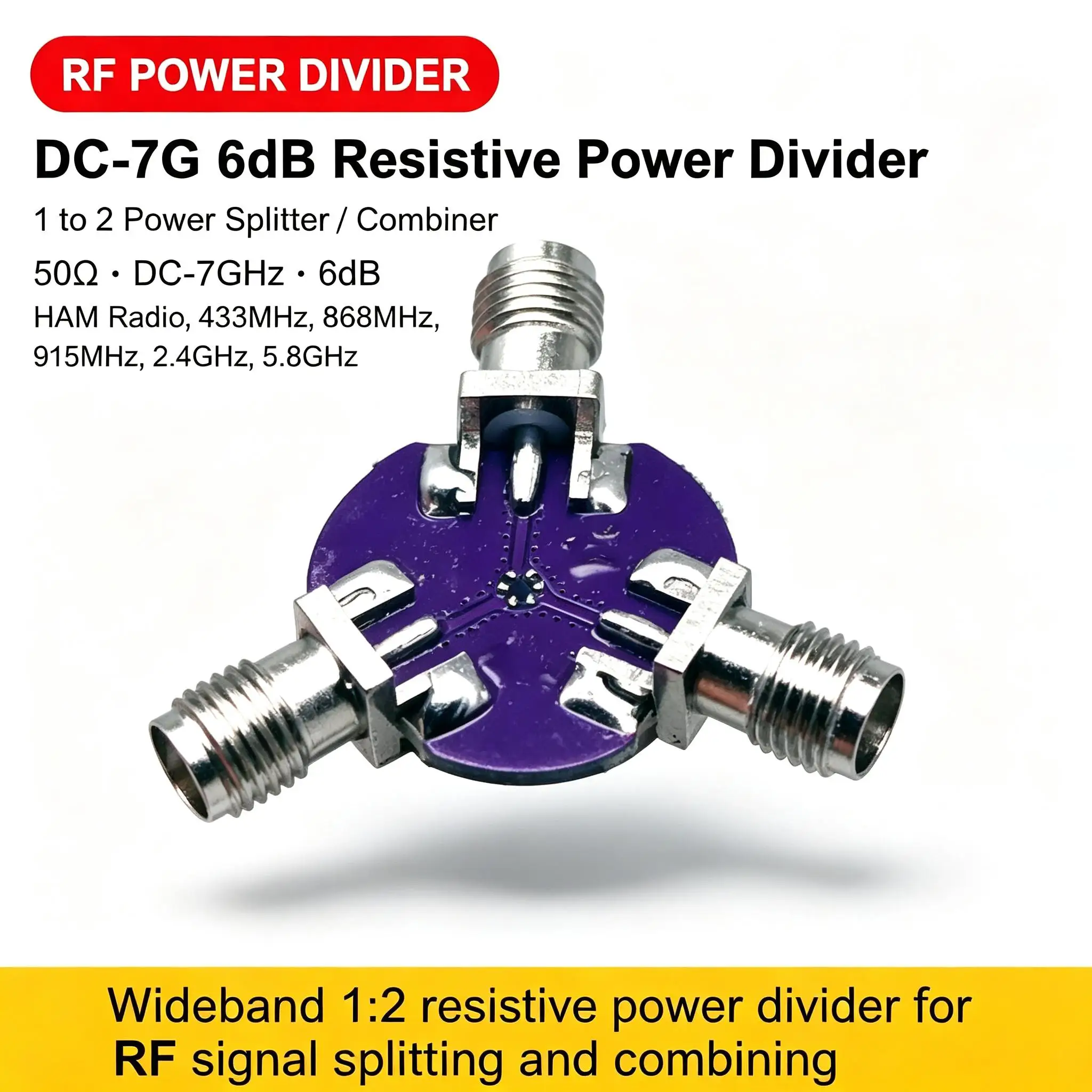 DYKB DC-7G RF Power Combiner Splitter 6dB 1:2 Resistive Divider HAM Radio Amplifier 433M 868M 915M 2.4G 5.8G Broadband Module