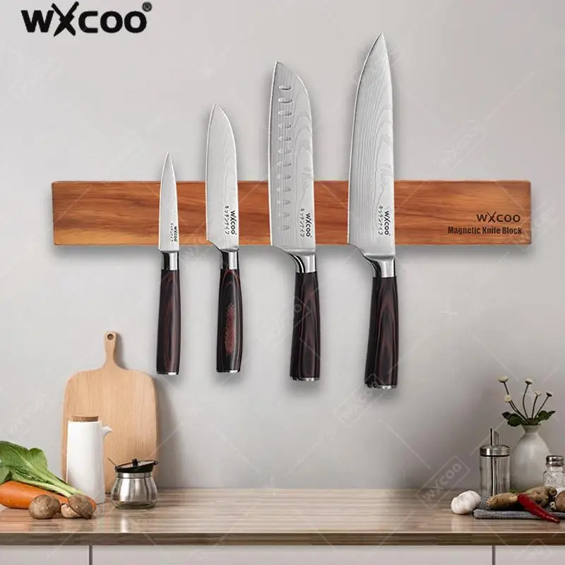 

Магнитный держатель для ножей из дерева акации, прочная мощная стойка для ножей, кухонные аксессуары, настенная магнитная полоса для ножей
