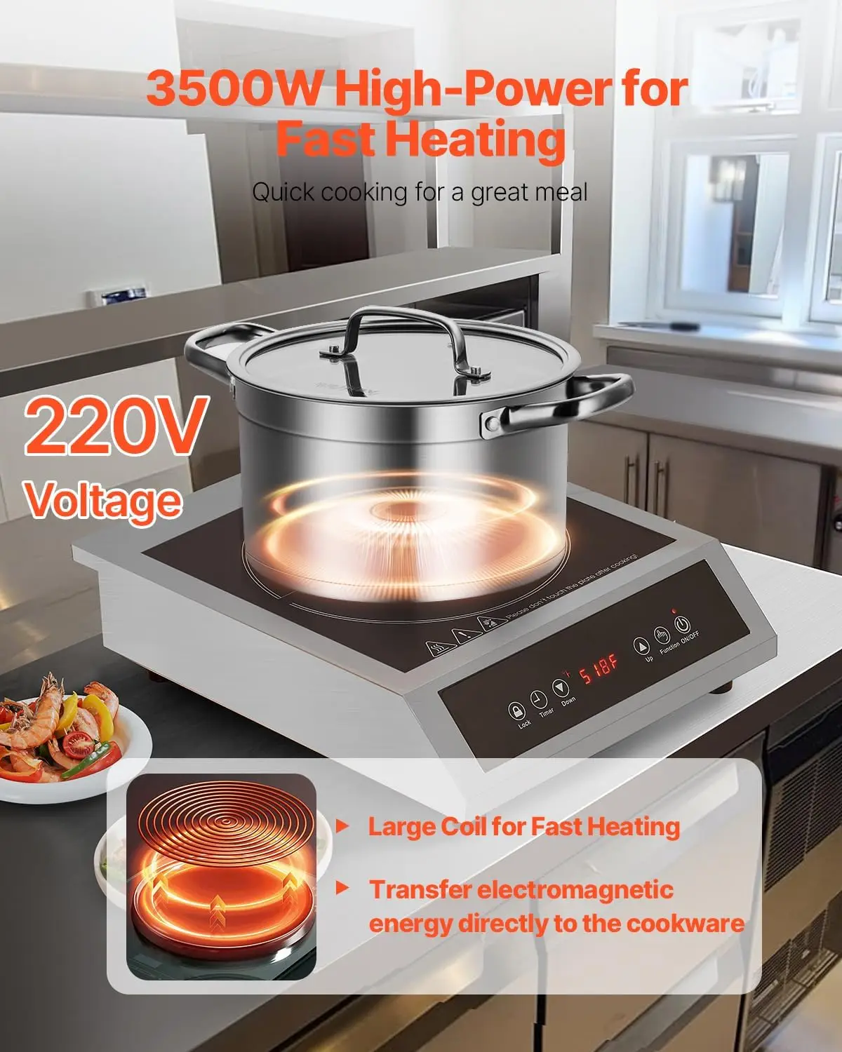 Induction Cooktop, 3500W Commercial Induction Burner with 11-Level Temperature, Stainless Steel Countertop Induction Hot Plate w