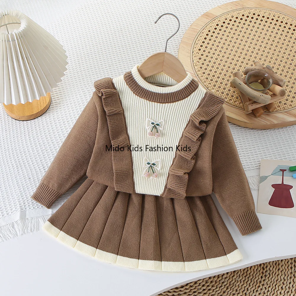 

90-130cm 1-12Y Girls Lace Collar Knit Sweater Dress Set Baby Winter Outfit Korean Style Round Neck