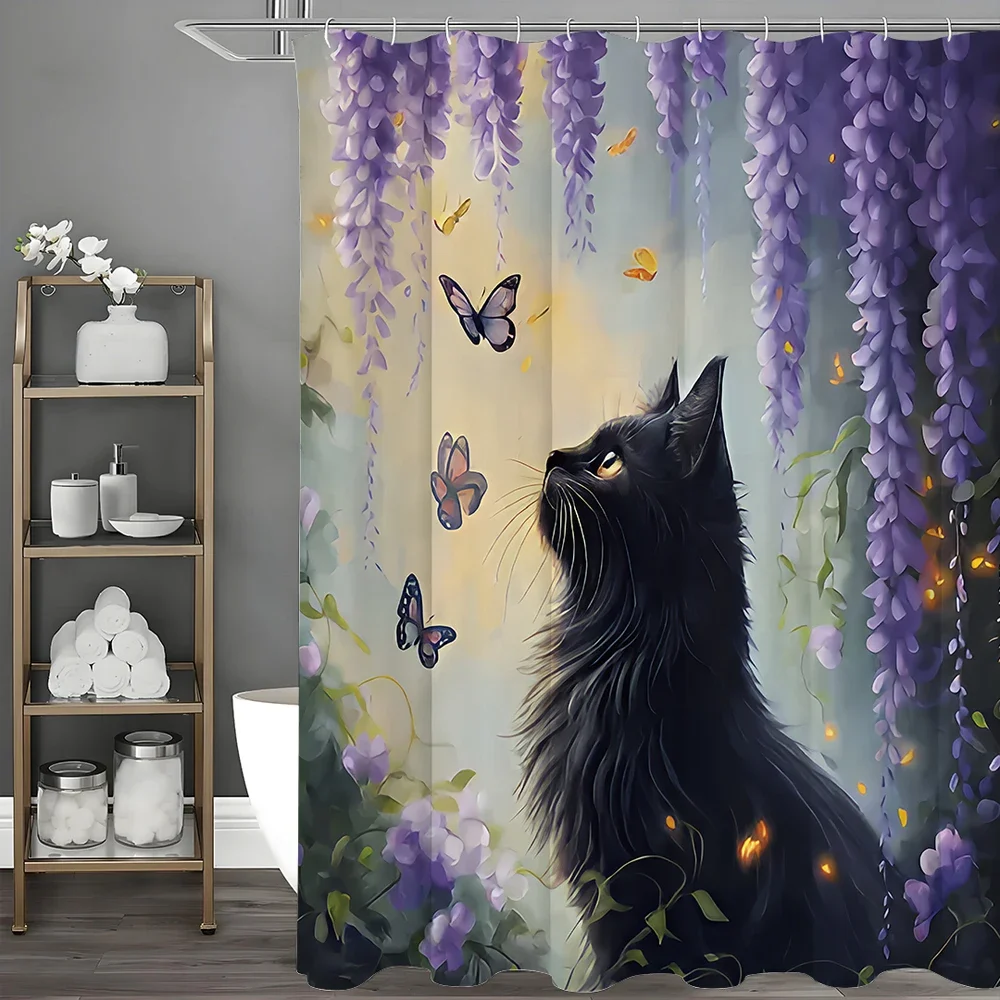 

Занавеска для душа «Черный кот, глициния, бабочка», декоративная занавеска для душа в ванной комнате, водонепроницаемая занавеска для душа с крючками