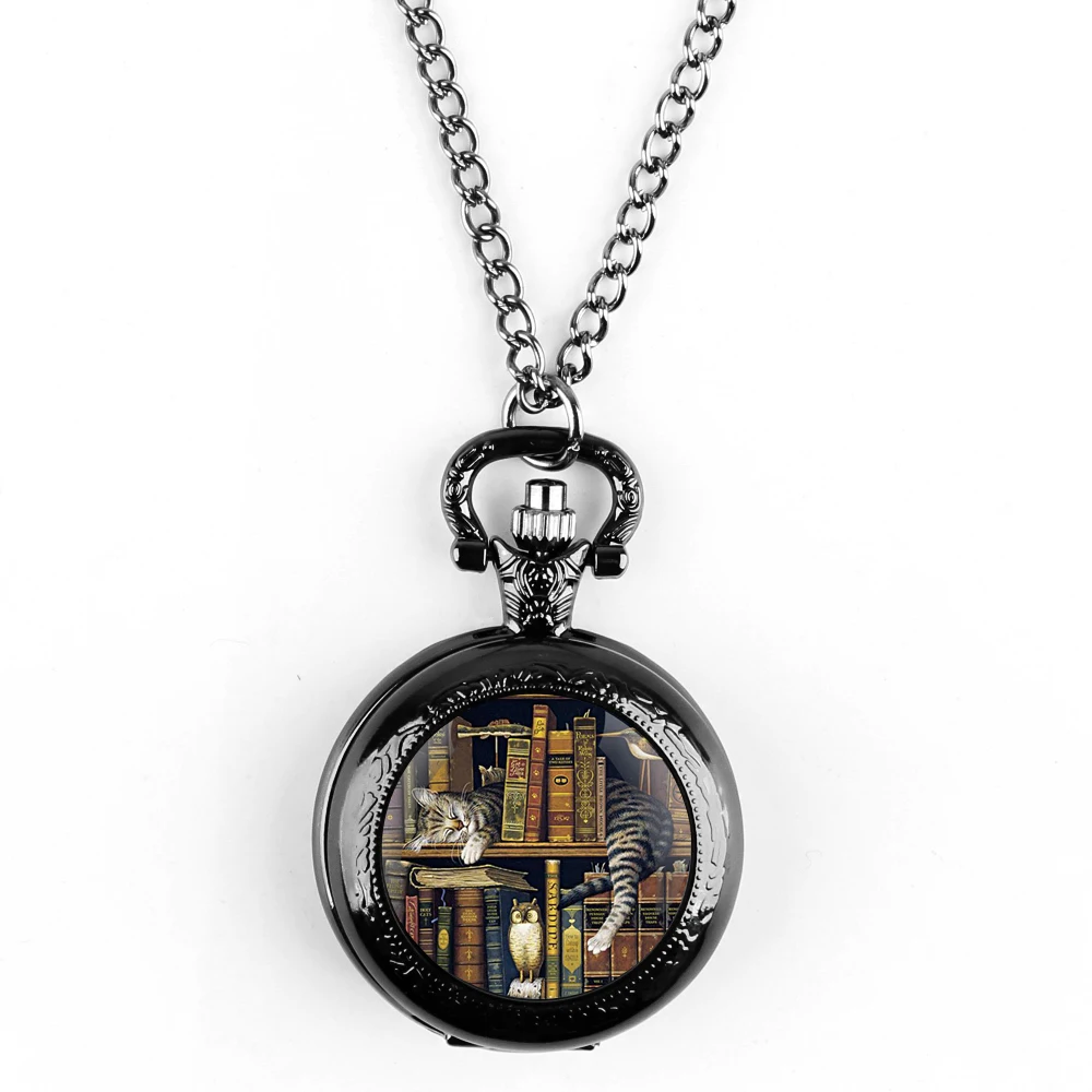 [New Product] Literary Retro Library Cat Quartz Pocket Watch - Exquisite Glass Patch, Creative Design