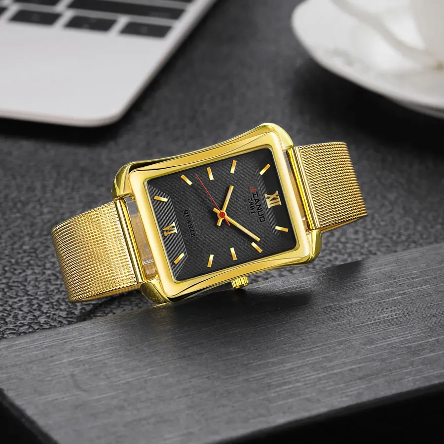 2024 New Trendy Men's Square Watch Business Luxury Large Dial Gold Mesh Band Scale Fashion Men's Quartz Watch