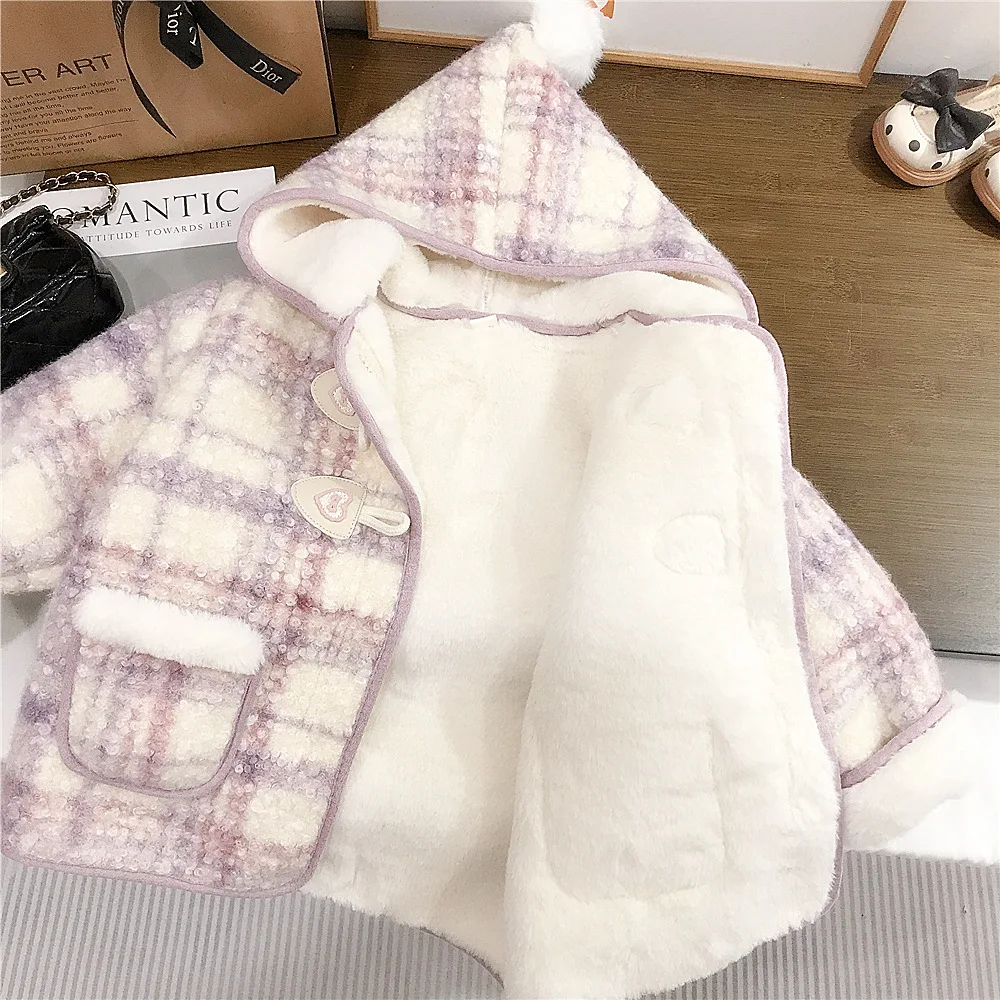 

Детская одежда, осеннее и зимнее пальто с капюшоном, новый стиль, шерстяная ткань в западном стиле, зимнее шерстяное пальто в клетку для маленьких девочек