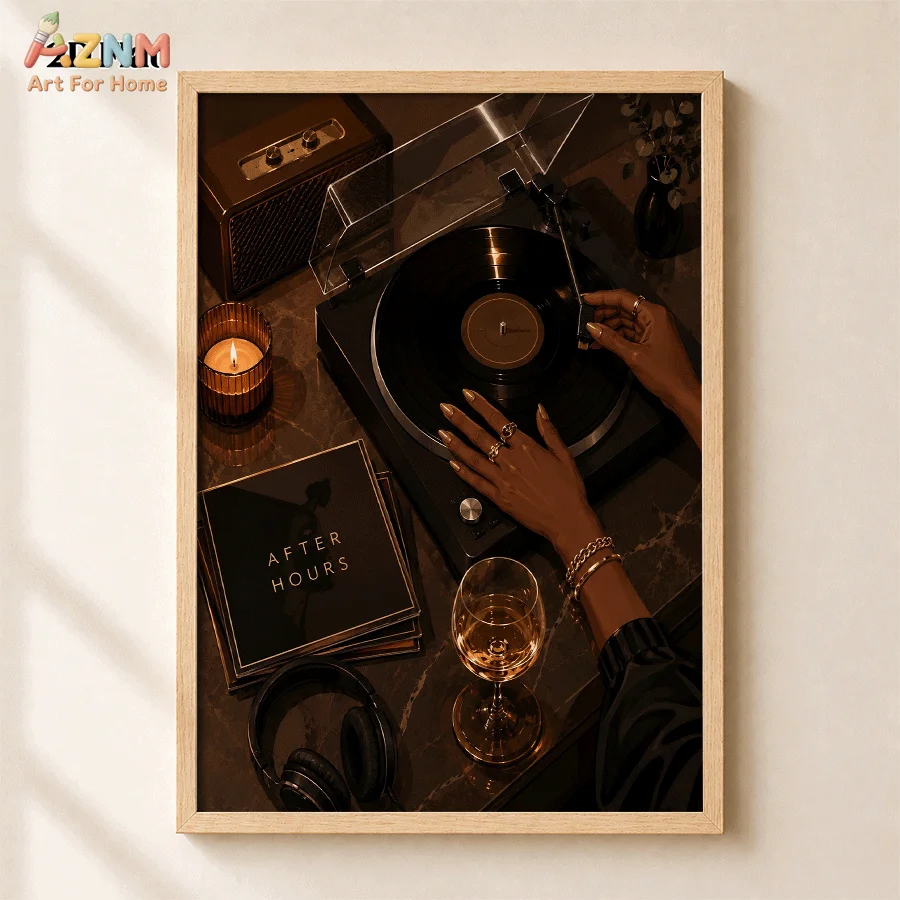 AZNM Vintage Record Player Wine Canvas Print, Retro After Hours Music Photography Wall Art, Frameless Canvas Painting for Living