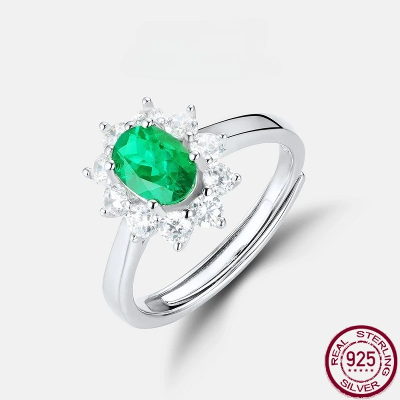 

Новые ювелирные изделия из стерлингового серебра S925, модная овальная форма, культивированный изумруд, открытое кольцо изумруда, свадебные украшения