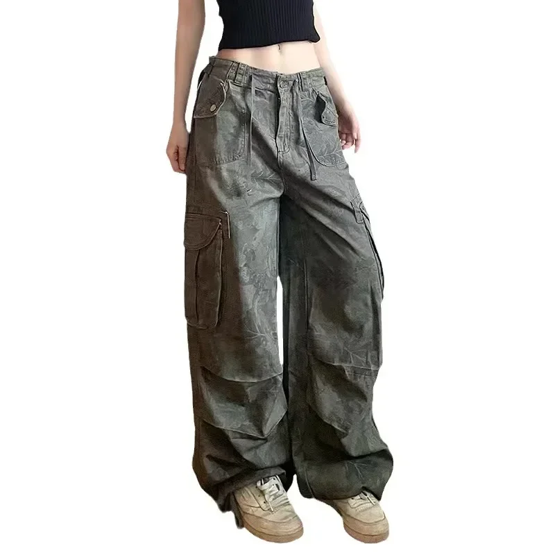 Jeans Perkakas Dasi Kaki Cetak Kamuflase Antik Kurus Anak-anak Tinggi Amerika Jeans Kaki Lebar Hip Hop Jalanan Rempah Wanita