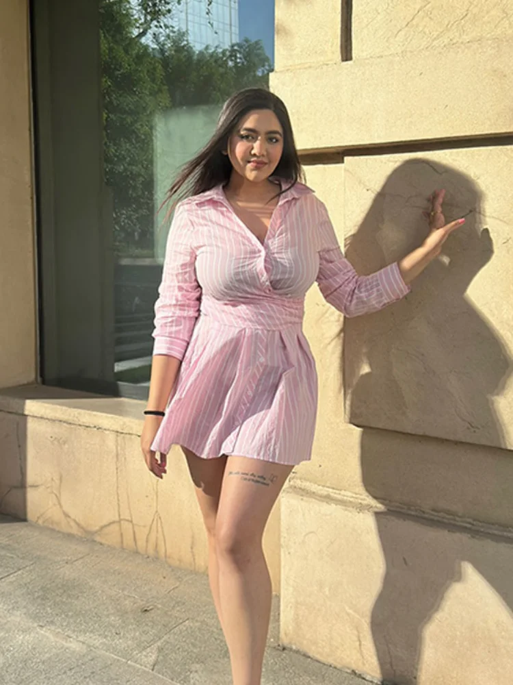

2025 Fashion Pink Stripe Dresses Lady Casual Lapel Neck Long Sleeve Mini Vestidos Women's Loose Fit Summer New Streetwear Dress