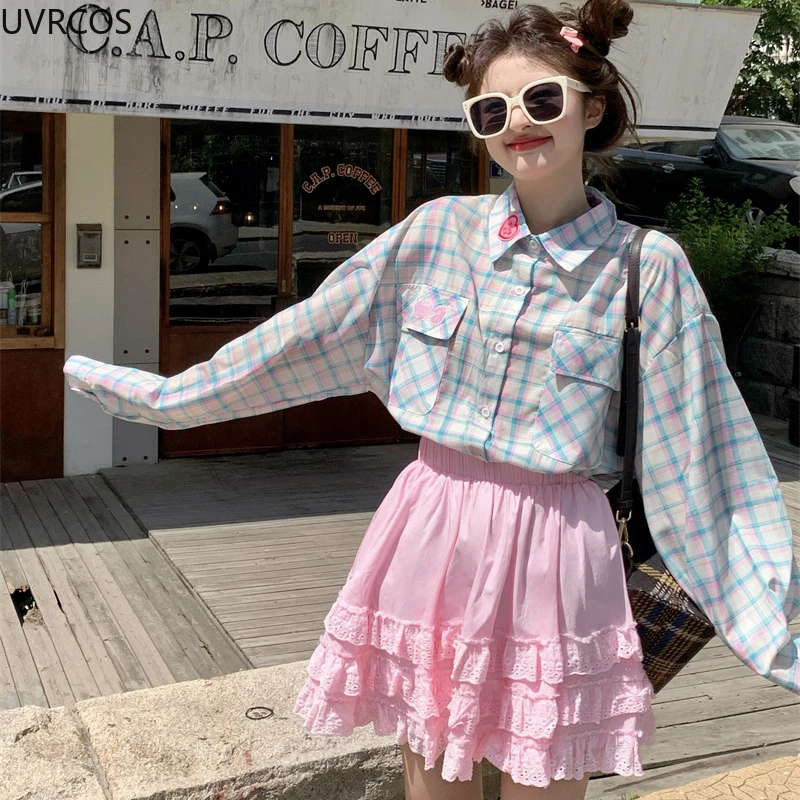 Japanese Vintage Plaid Women Blouses Spring Autumn Sweet Love Embroidery Polo-Neck Shirt Tops Female Loose Casual Blusas Mujer