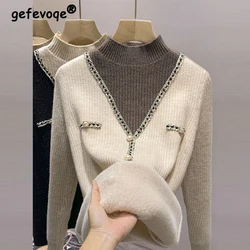 Women Korean Fashion Patchwork Beaded Chic Elegant Knitted Sweater Autumn Winter Half High Collar Slim Long Sleeve Pullover Tops