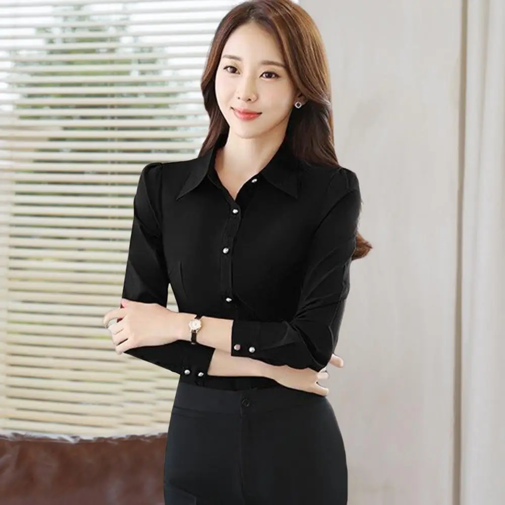 

Minimalistic Women Shirt Top Soft Commute Lapel Collar Solid Color Long Sleeve Lady Blouse Lady Blouse Enhance Beauty Image