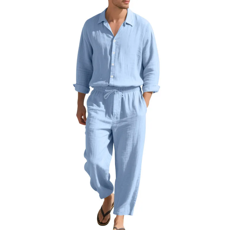 

KIDWHXR Man 2-piece Outfit Spring Single-breasted Long Sleeve Shirts Male Drawstring Trousers Men Thin Cotton Linen Casual Set