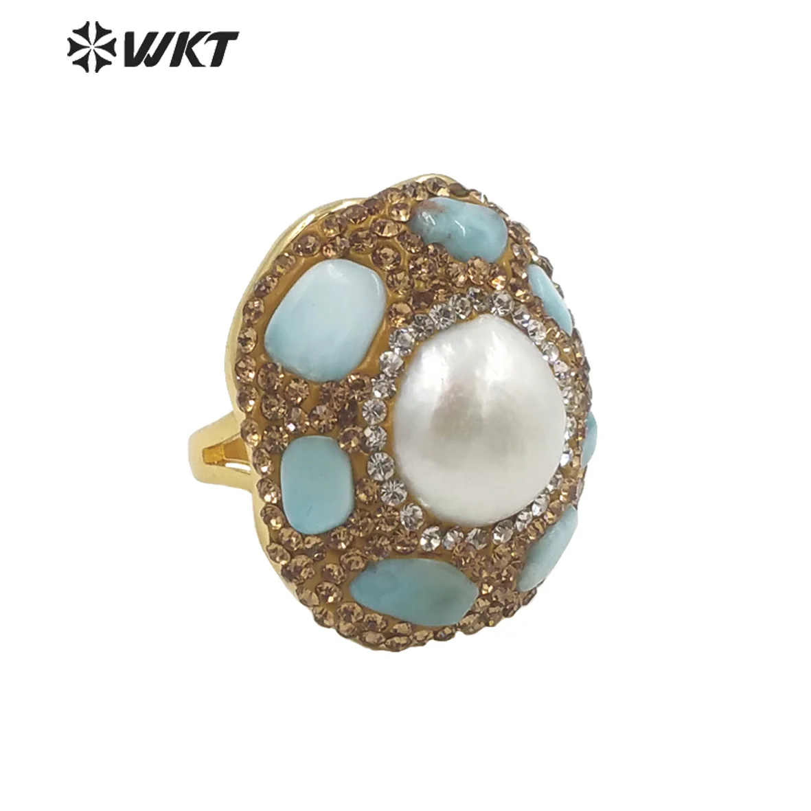 

WT-R445 Wholesale Fashion 18K Gold Plated Gorgeous Rhinestone Decorative Turquoise Pearl Party Ring Daily Wearing Women ACC