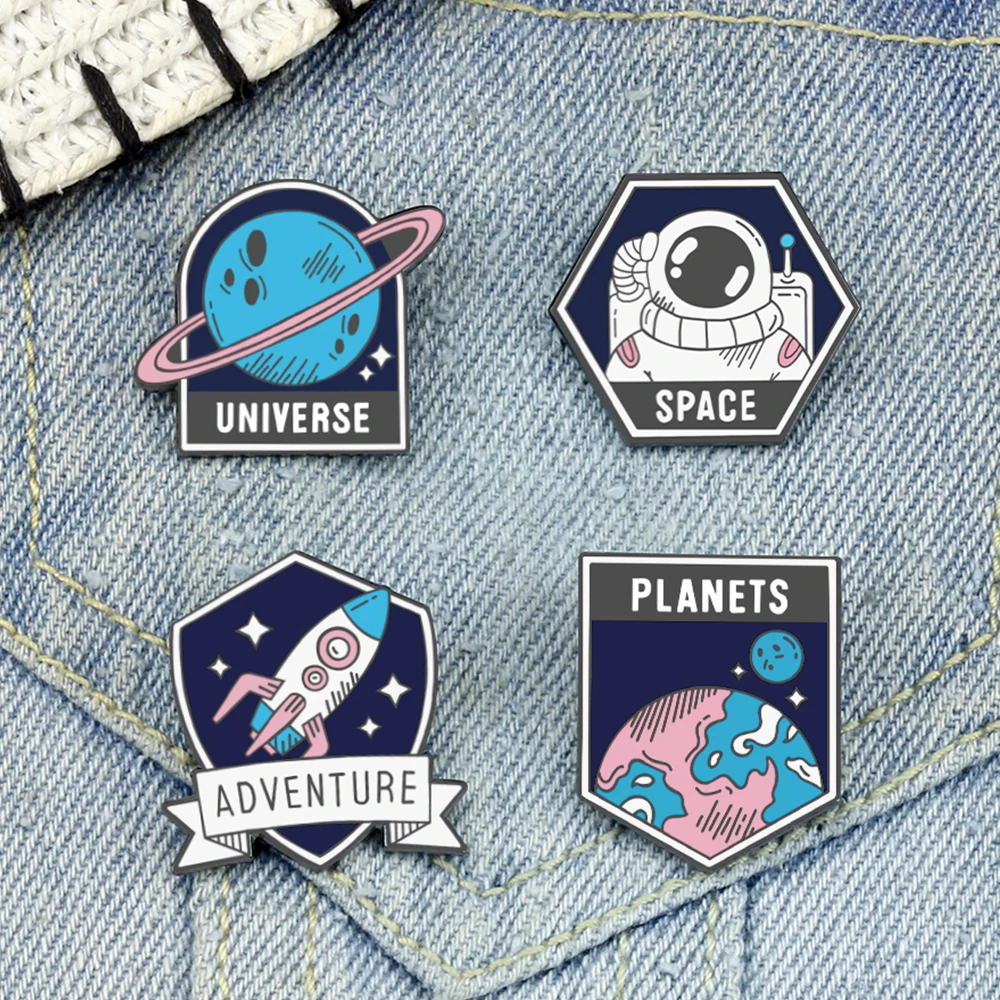 Space Trek!Planet Adventure Shield Enamel Pin Fantasy Starry Sky Astronaut Spacecraft Hat Brooch Universe Security Agency Badge