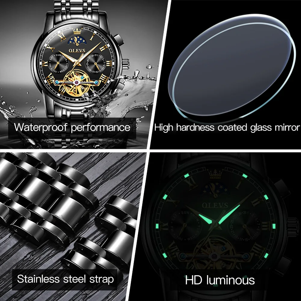 OELVS Brand Luxury Tourbillon Mechanical Watches Stainless Steel Waterproof Date Luminous Fashion Couple Watch for Men Women