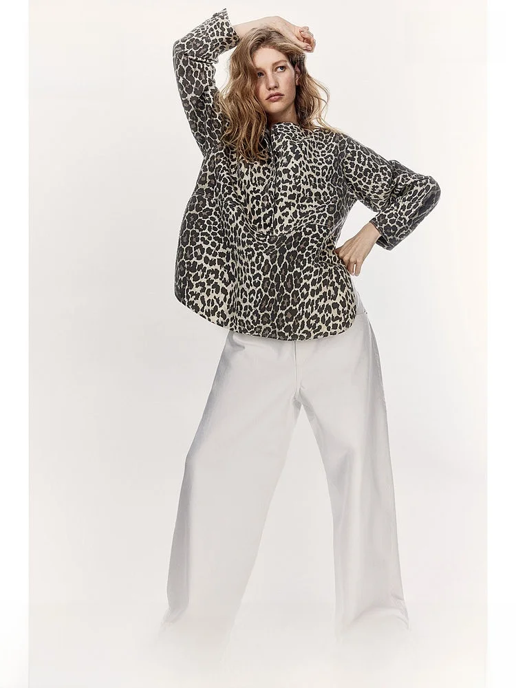 

H&M Women's Cotton Shirt Loose Long Sleeve Overhead Inner Wear Spring 2025 Casual Style round Neck Leopard Pattern