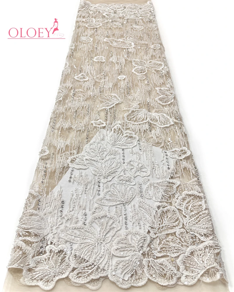 

OLOEY High-Quality African Sequins Lace Fabric Beaded Embroidery French Tulle Nigerian Material for Wedding Dresses