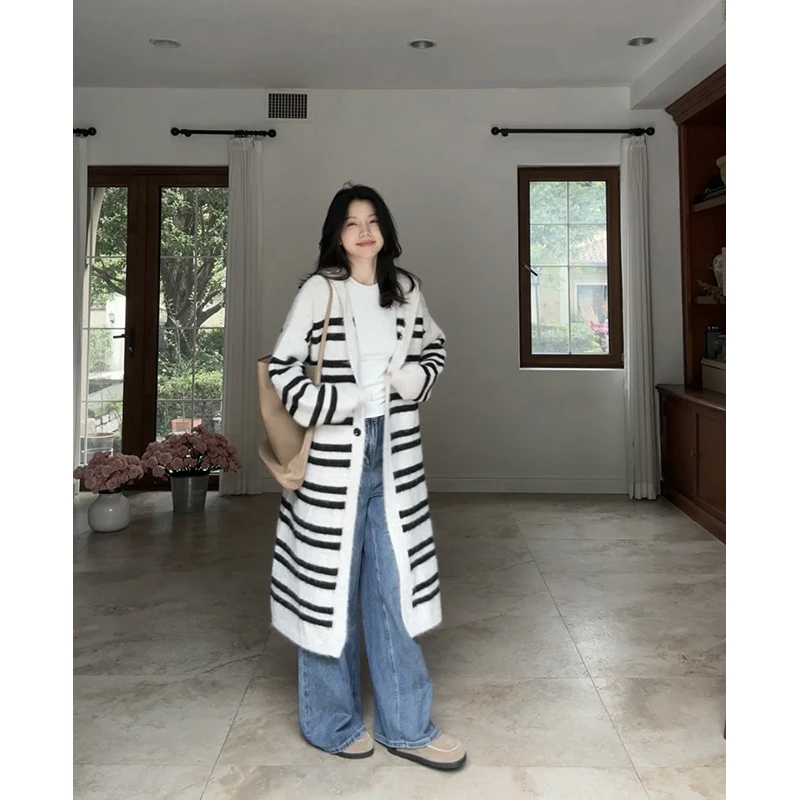 

Loose Fit Woolen Sweater Coat with Hat Striped Denim Pants Women's Fashion Set Autumn Season Casual Wear by Guo Jiujiu