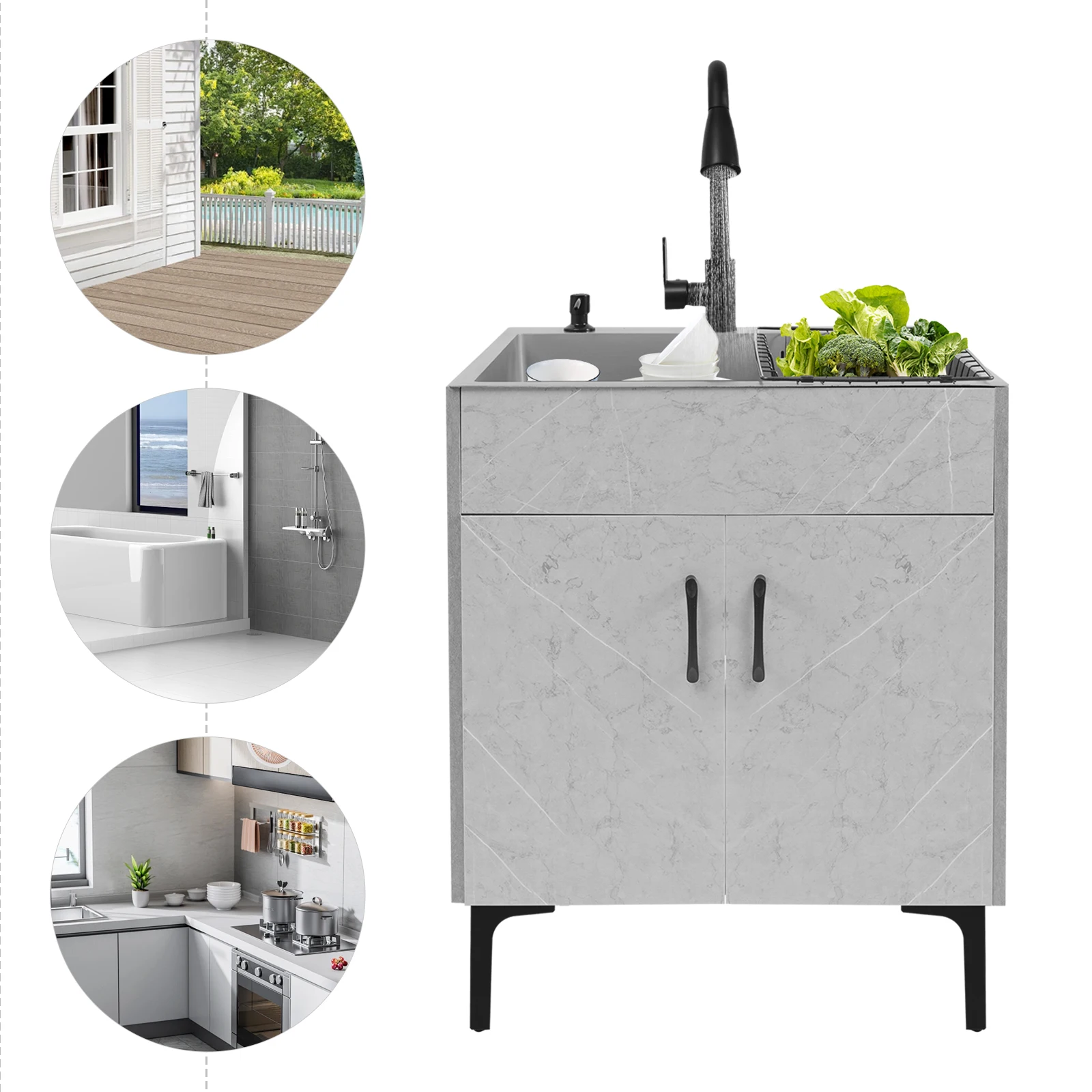 Freestanding Kitchen Sink Cabinet with Pull Out Faucet, Grey Stainless Steel Laundry Utility Sink with Drain Board