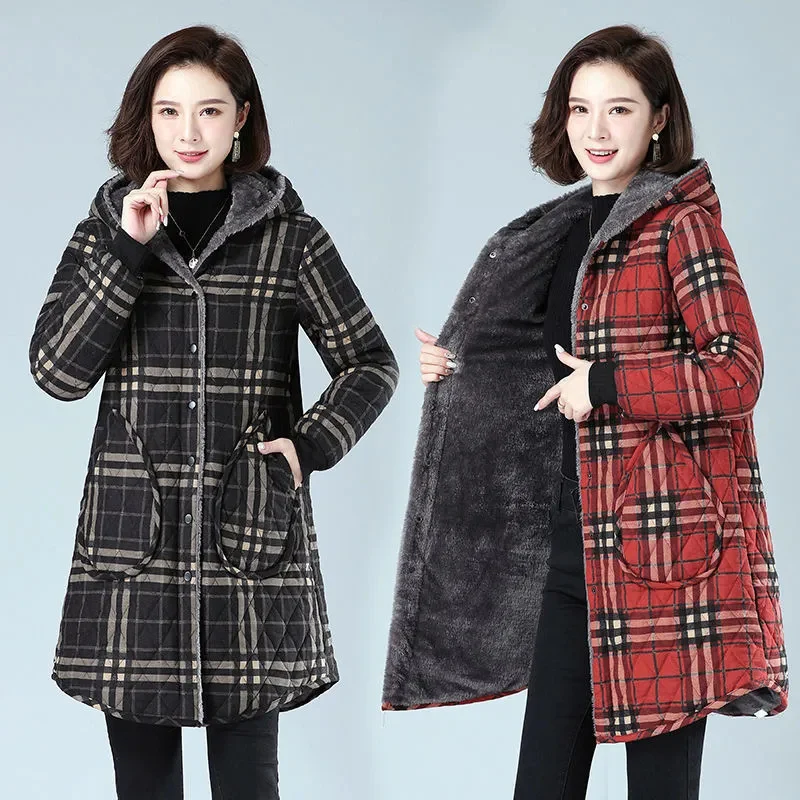 Women\'s Plaid Long Hooded Parka, Quilted Jacket, Winter Overcoat, Plus Velvet, Thick, Casual, Cotton Clothing, New