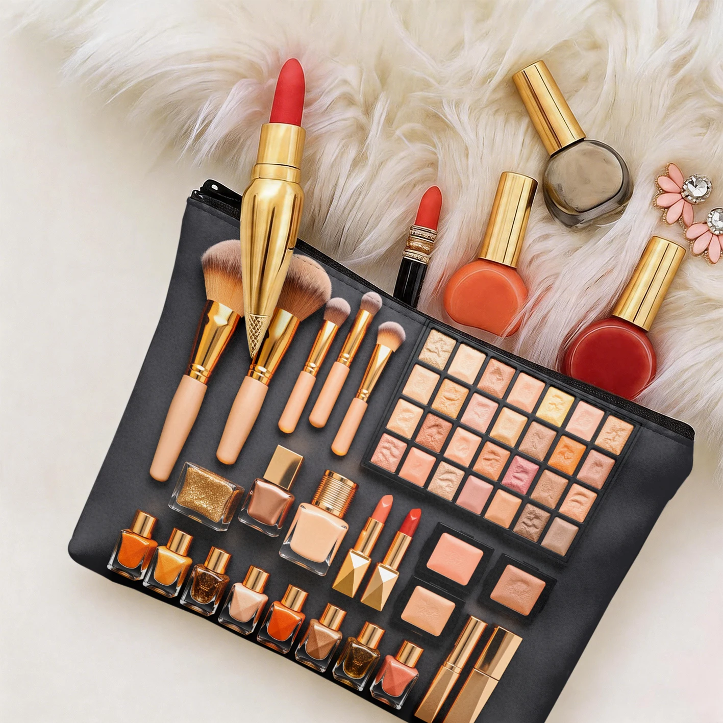 Makeup Bag with Cosmetic Print Brushes Lipstick Nail Polish Eyeshadow Palette Design Women's clothing