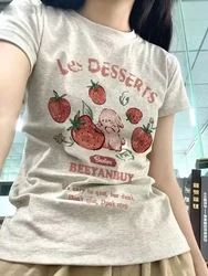 Y2k estetyczne letnie nowe kreskówki truskawki t-shirty Harajuku z krótkim rękawem luźne bluzki OCasual kobiety O dekolt wszystkie pasujące koszulki w stylu Casual