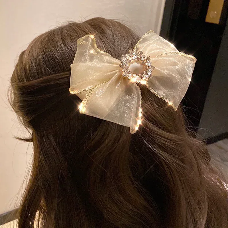 Shiny Full Rhinestone Bow Hair Clip for Girls Fashion Double Mesh Bow Hairpins Barrettes Women Side Bang Clips Hair Accessories