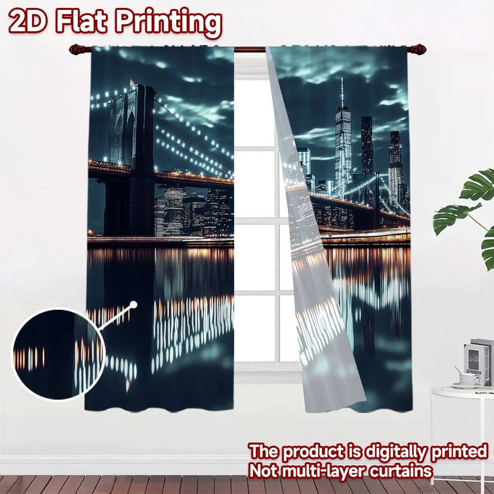 2D flat 2pcs Curtain Modern Minimalist Style Brooklyn Bridge Night Skyline Digitally printed polyester Party & Holiday Decor Use