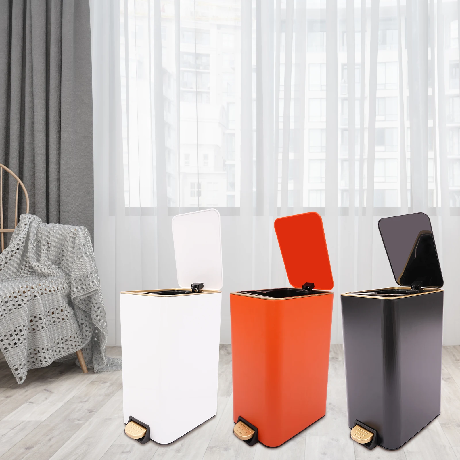 Poubelle en PP blanc/Orange/noir 12L, poubelle autoportante avec couvercle pour cuisine, chambre à coucher