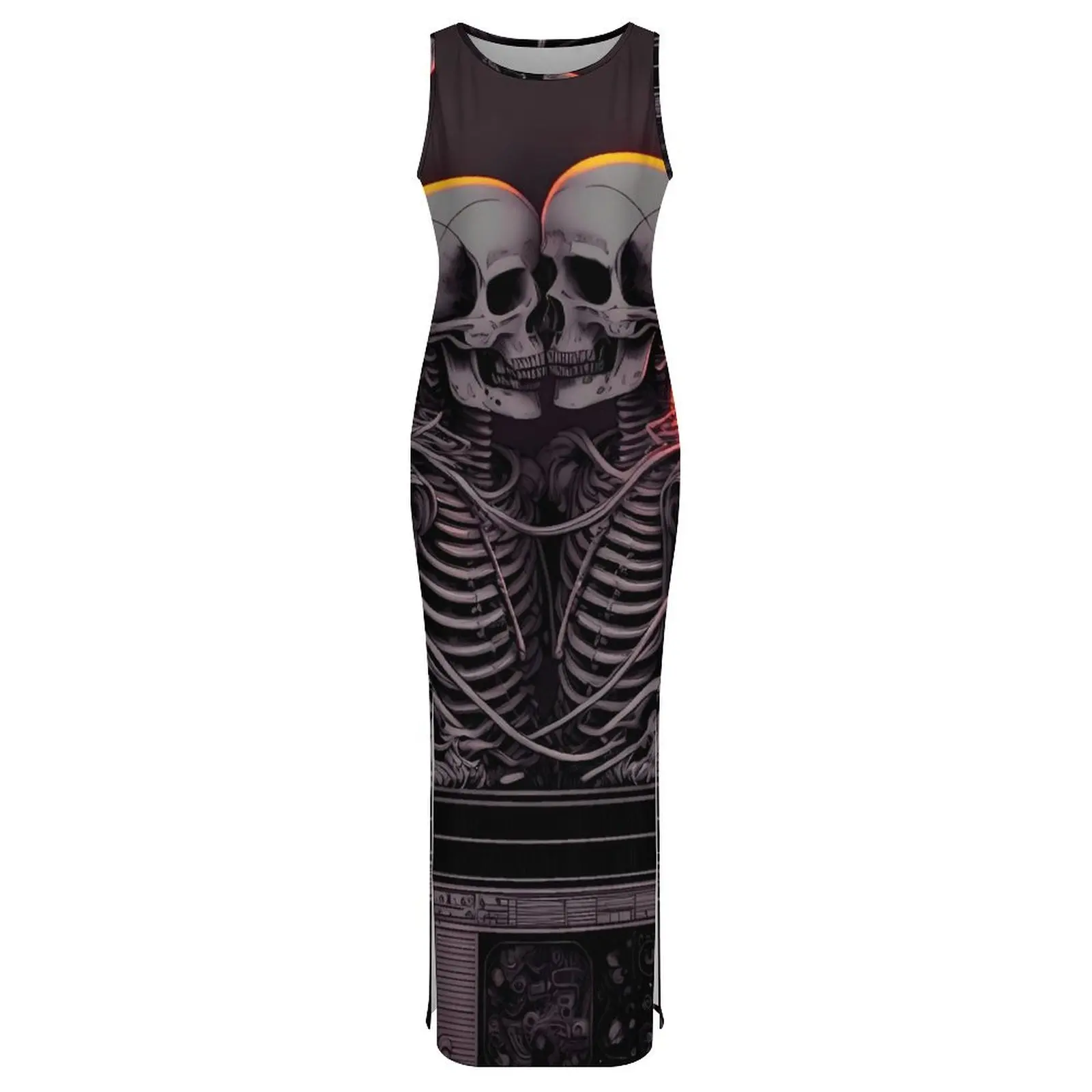 Gothic Lovers Bodycon Jurk Lente Skelet Print Casual Maxi Jurken Dames Mouwloos Ontwerp Esthetische Jurk Big Size 3XL 4XL