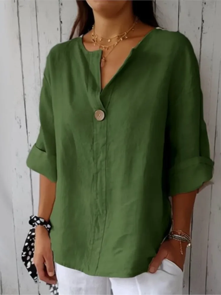 

New Summer Loose Shirt For Women V-neck Cotton And Linen Button Top Casual Holiday Office White Shirts Women Clothes