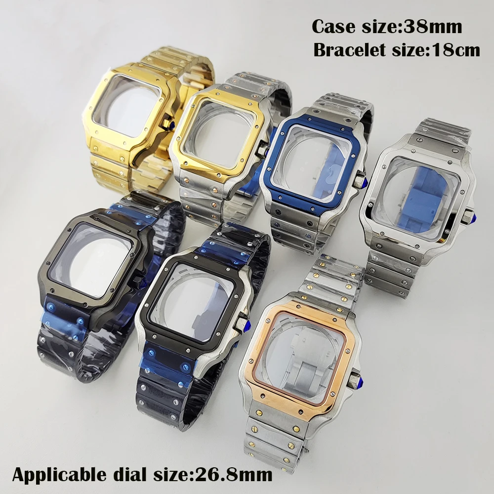 NH35 square case men's watch folding buckle stainless steel case, suitable for Santos watch NH35 NH36 movement watch accessories