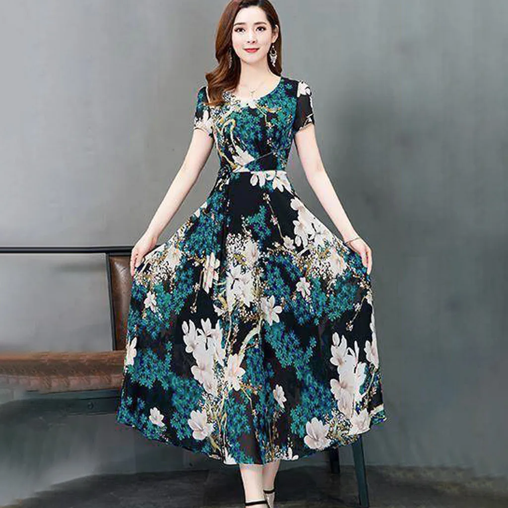 Women'S Bohemian Floral Print Ankle-Length Dress Elegant Summer Round Neck Short Sleeve Tank Dress Casual Holiday Dress